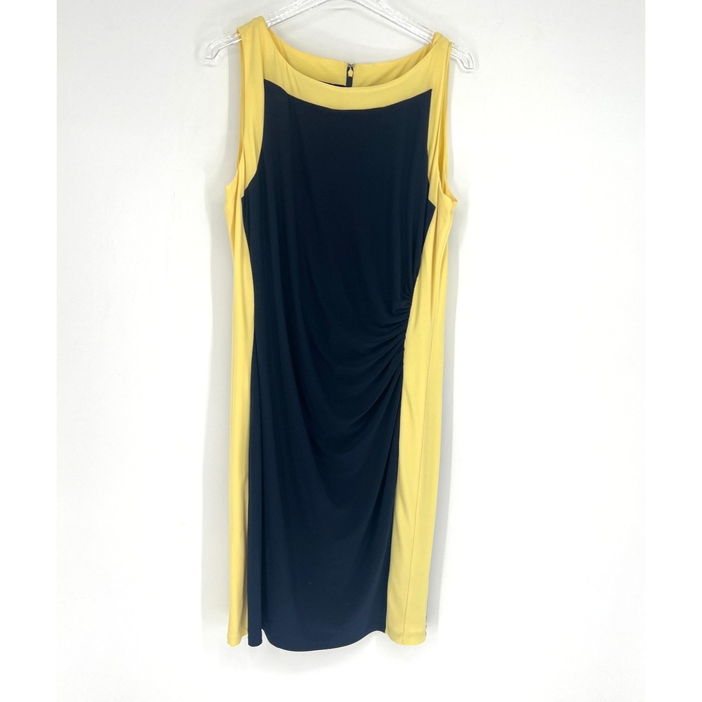 Ralph Lauren Dress‎ Womens 16 Blue Yellow Office Career Ruched Pencil Stretchy